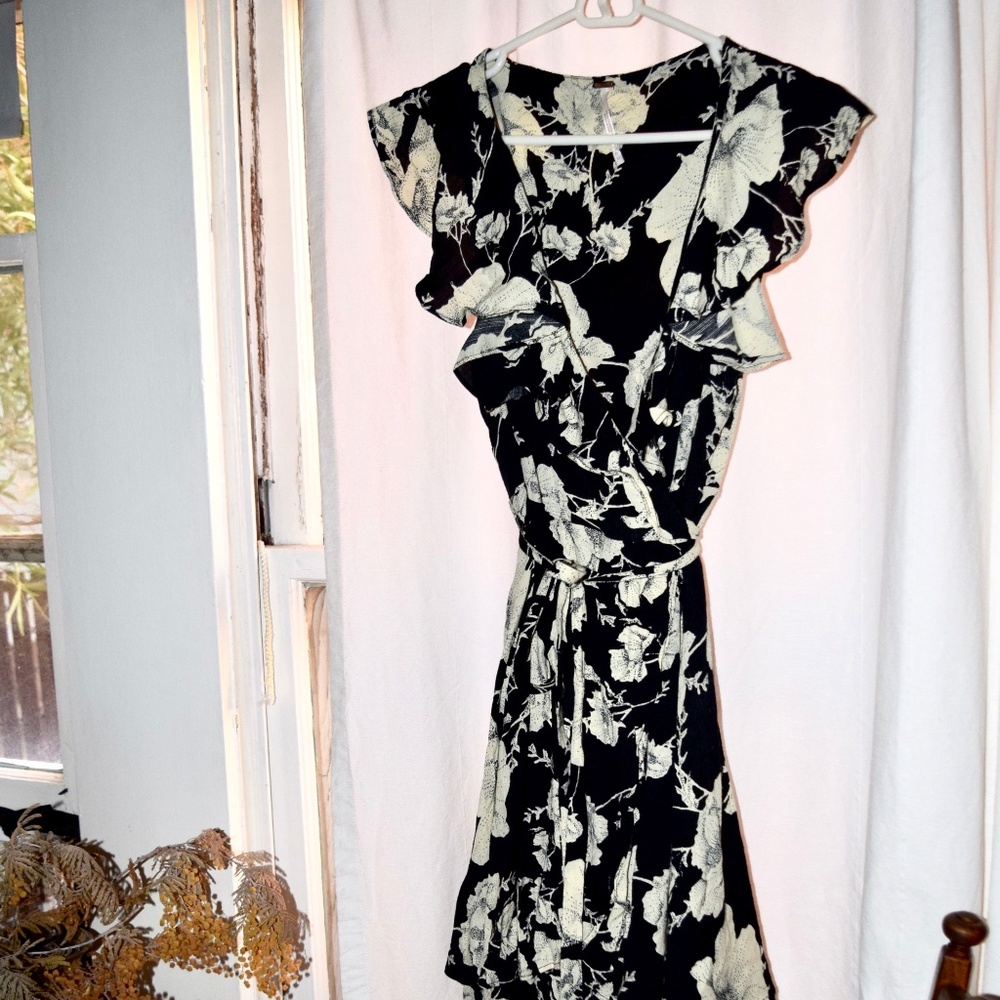 Free people black and white floral wrap dress